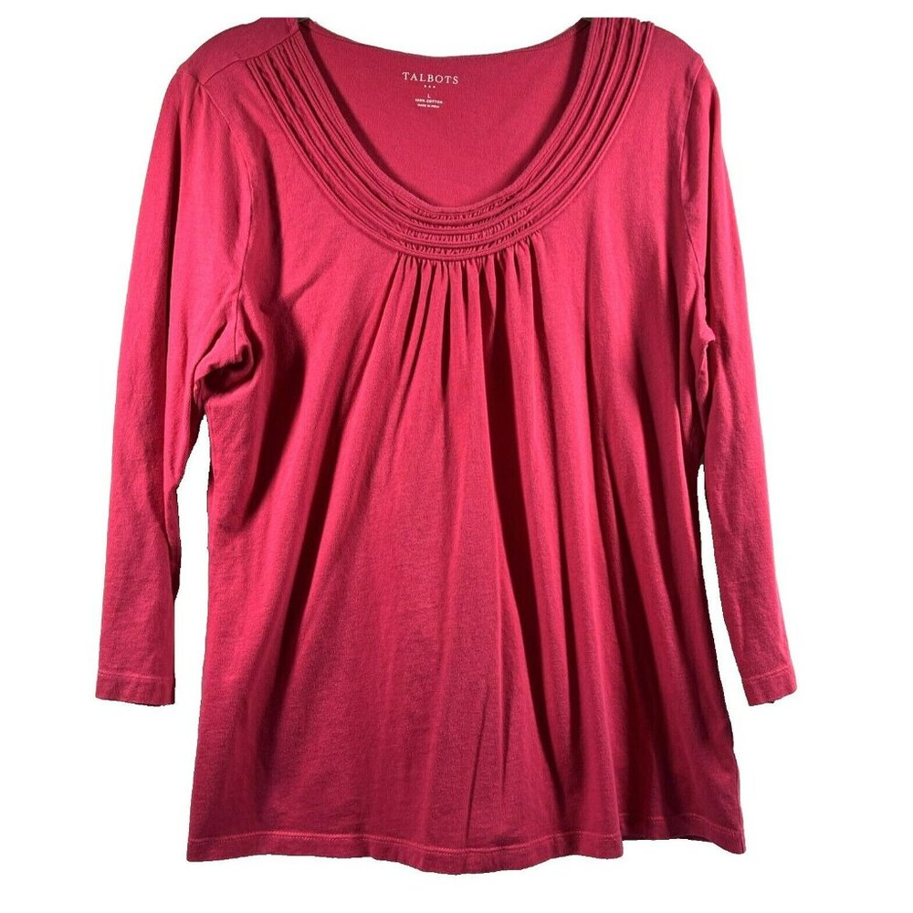 Talbots Women's Top Large Solid Pink 3/4 Sleeve Gathered Pullover 100% Cotton